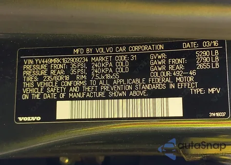 2016 Volvo Xc60 T6 Drive-E from USA, damaged, VIN YV449MRK1G2909234